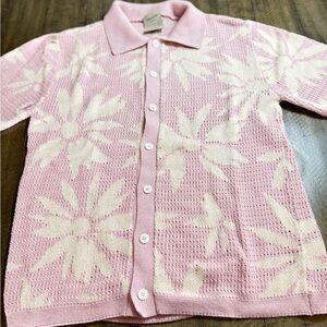 Pink Floral Knit Polo Shirt